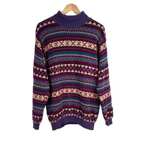 Vintage 90s Jantzsen Sweater L Purple Fair Isle Boho Eclectic Grandpa Ski Retro